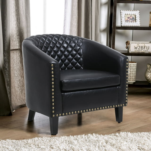 Modern Barrel Chair Tub Chair Faux Leather Club Chair with Arms and Nailheads, Upholstered Barrel Accent Chair for Living Room Bedroom - Black