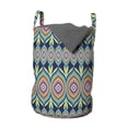 thumbnail image 1 of Ethnic Laundry Bag, Abstract Shapes with Colorful Lines and Green Leaf Motifs on Blue Background, Hamper Basket with Handles Drawstring Closure for Laundromats, 13" x 19", Multicolor, by Ambesonne, 1 of 4