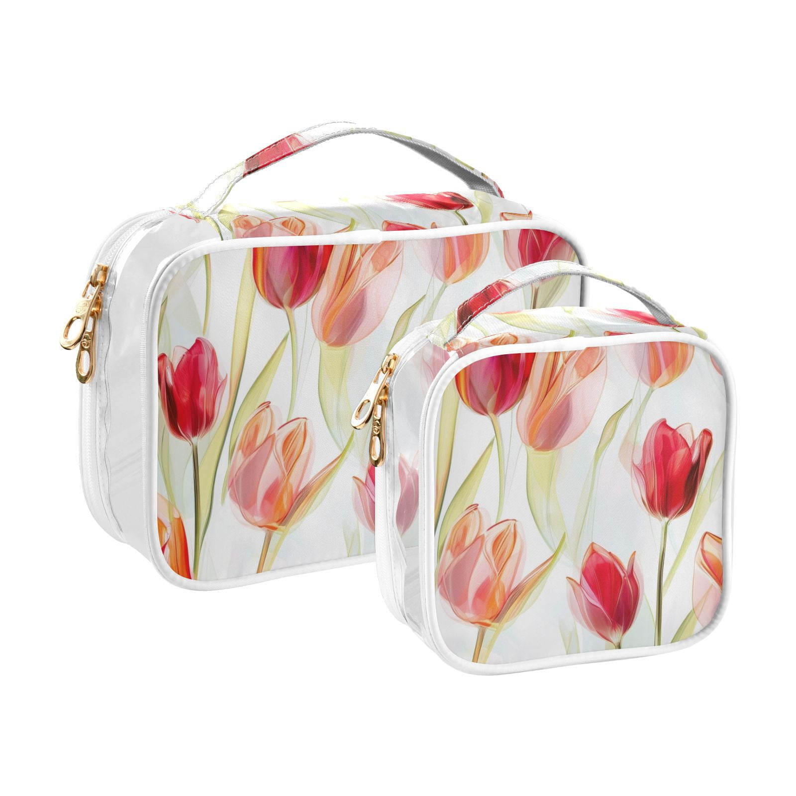 Clear Makeup Bags with Handle Large Opening 2 Pack Set Toiletry Bag Quart Size Bag, for Women Man Traveling Travel Essentials, Toiletries and Other. Transparent Tulipa Red