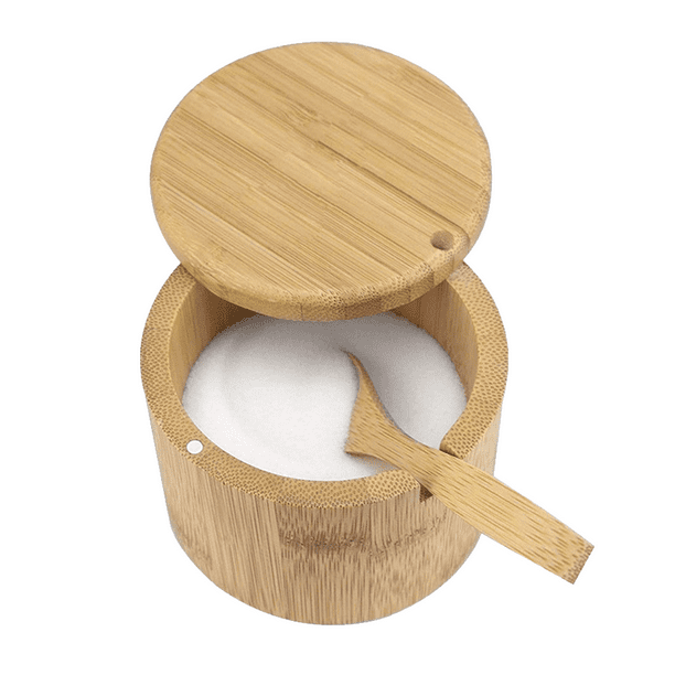 Premium Bamboo Salt Container, Salt Cellar with Swivel Lid Salt Box with Spoon