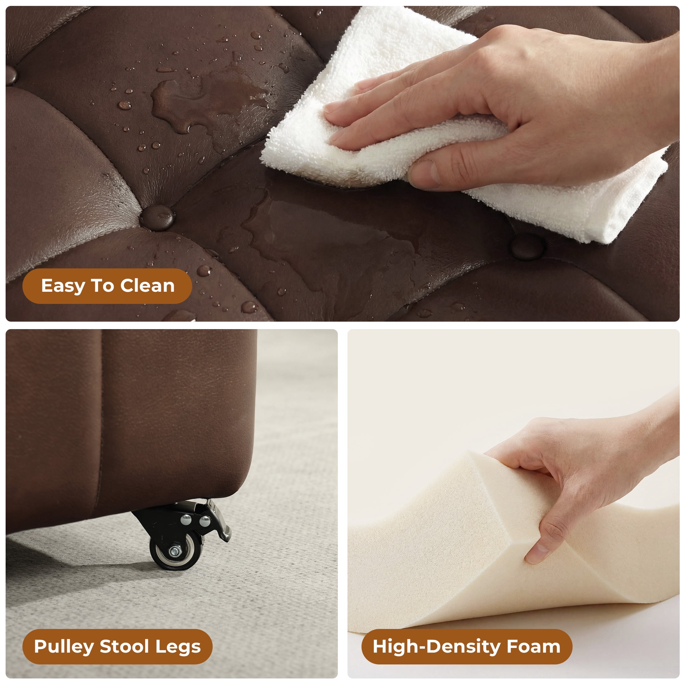 Poshby Square Faux Leather Storage Ottoman, Coffee Table Footrest Stool with Pulley Legs for Living Room or Bedroom, Dark Brown