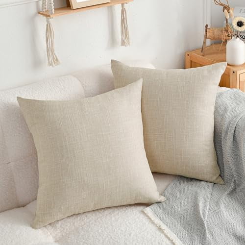 DWCN Linen Suqare Decorative Throw Pillow Covers for Home Sofa Decoration, 20 x 20 Inches, Beige, 2 Pack