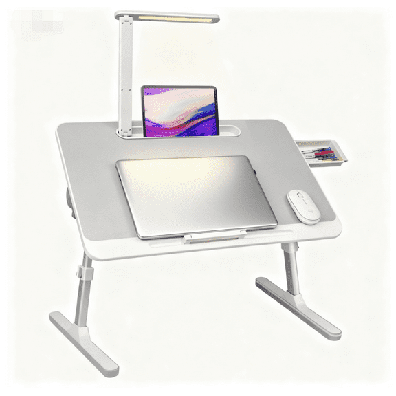 Bed Table, Lap Desk with LED Light and Drawer, Height & Angle Adjustable, Enough Mouse Space, Portable Lap Desk with Tablet Groove for Studying, Working, Dining, Crafting (White 23.7*15.66inch)