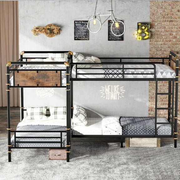 L-Shaped Quad Bunk Bed for 4, Heavy Duty Metal Twin Bunk Bed Frame, Industrial Bunk Bed with Ladders, Detachable Corner 4 Bed Bunk Beds, Space Saving Design, Can Be Divided Into 3 Twin Beds, Black