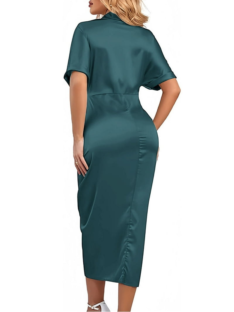 Hanerdun Womens Satin Shirt Dress Ruched Party Wrap Dresses Short Sleeve V Neck Button Down Maxi, Women's, Size: XL, Green