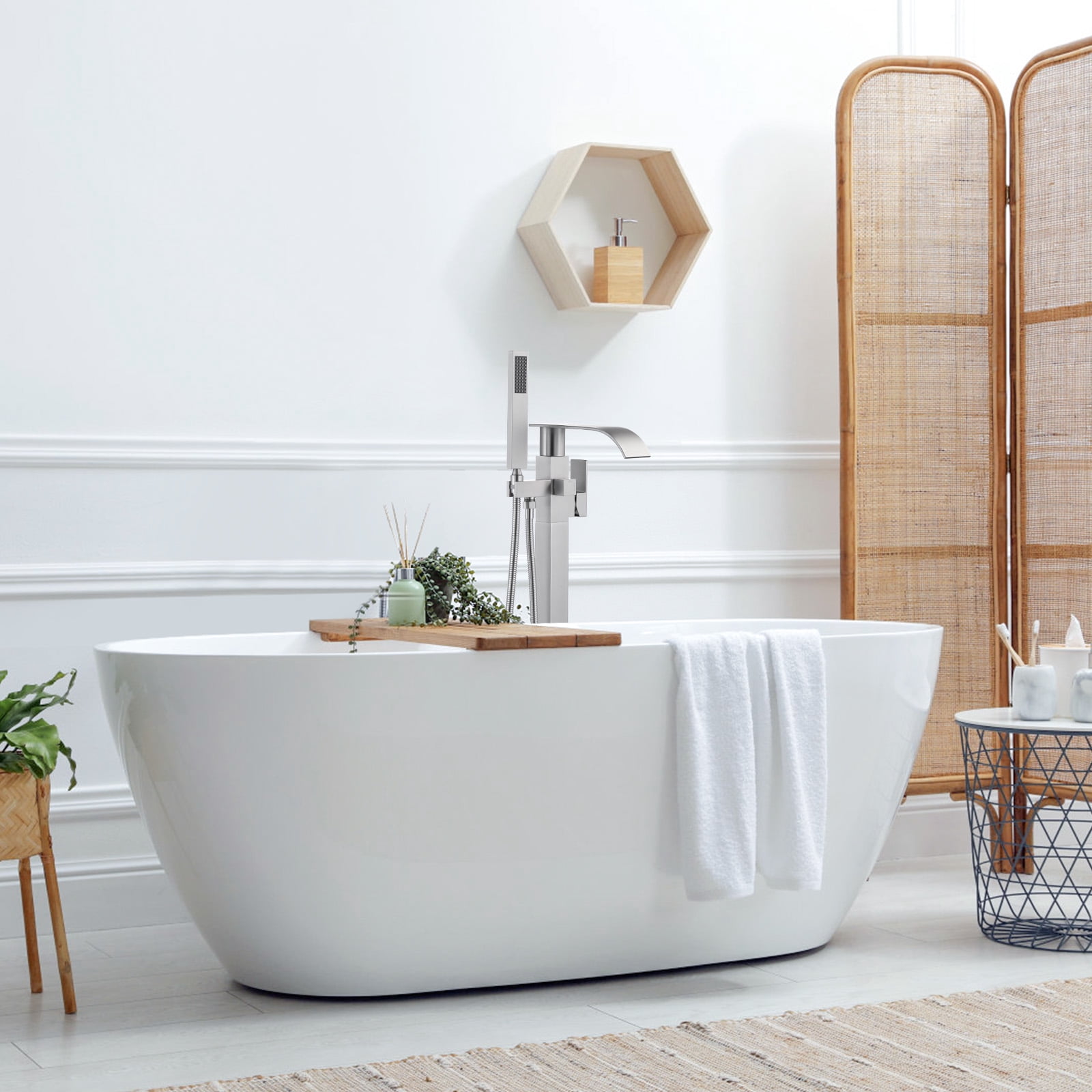 Wowow Brass Waterfall Single-Handle Floor Mount Freestanding Bathtub Faucet with Hand Shower and Supply Line in Brushed Nickel