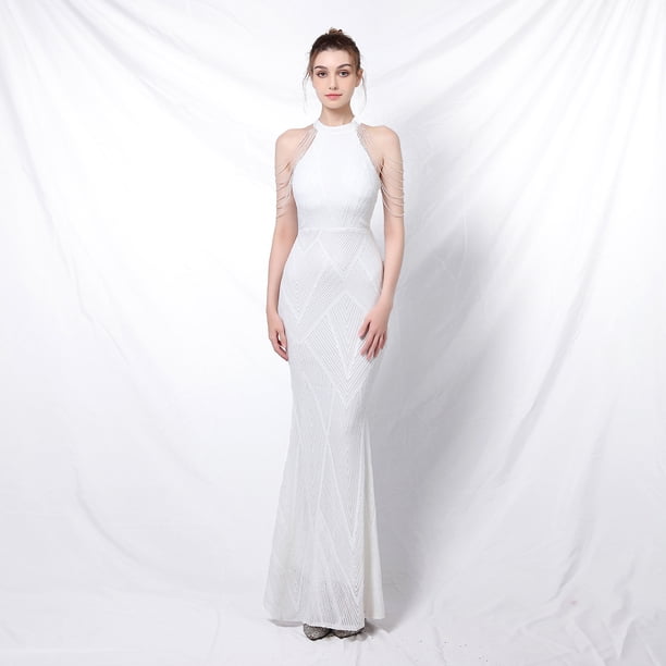 Banquete elegante largo halter lentejuelas damas atmósfera fría y hermosa reina vestido de noche de cola de pez