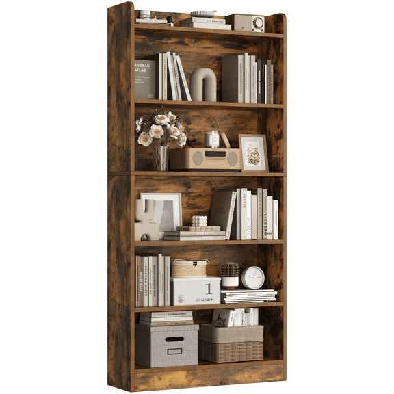 Renwick 6-Tier Open Shelf Bookcase with Top Open Compartment, Rustic Brown