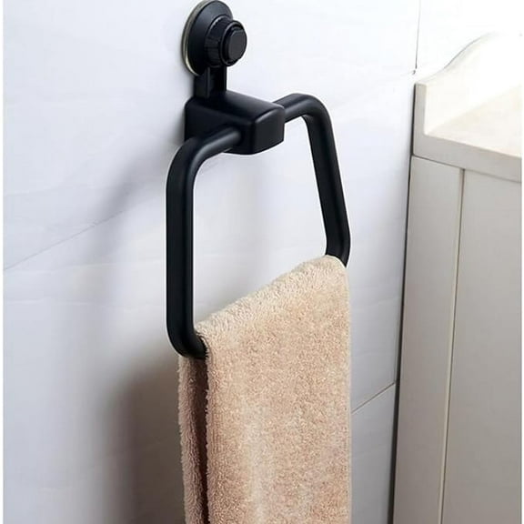 Hand Towel Holder, Towel Ring, Matte Black Wall- Mounted Towel Racks with Suction for Bathroom snd Bedroom, Vacuum Traceless Design Waterproof snd Oilproof 180 Degree Rotation Towel Holder