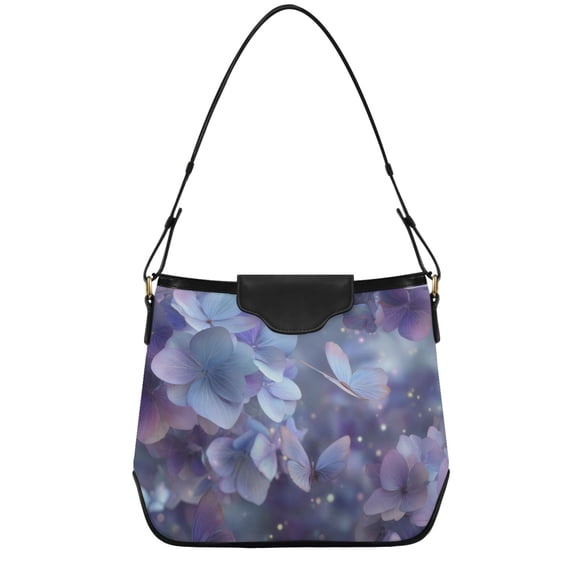 3d Purple Flowers with Butterflies Glitter Women's Tote Bag Convertible Handbags Hobo Shoulder Bag with Zipper Magnetic Snap