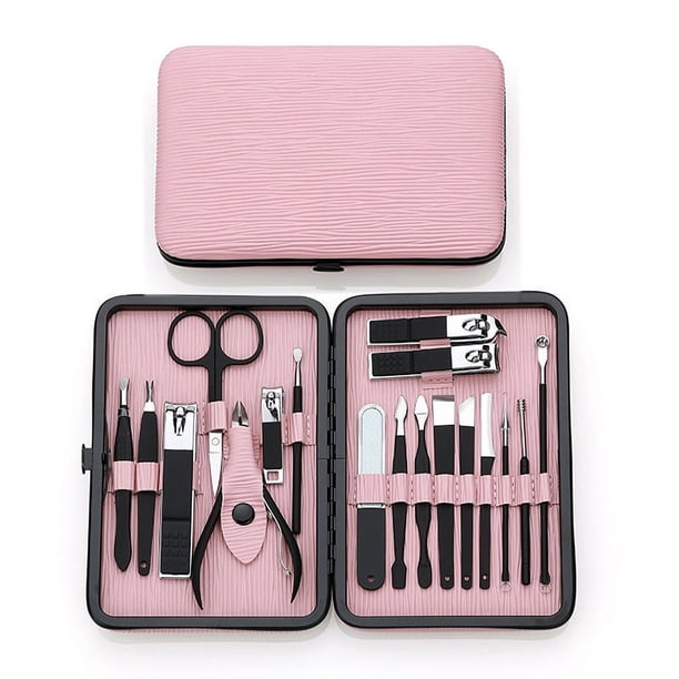 Juego de manicura Kit profesional de cortaúñas Herramientas de cuidado de pedicura - Kit de aseo para mujeres de acero inoxidable 18 piezas para viajes o hogar (rosa)