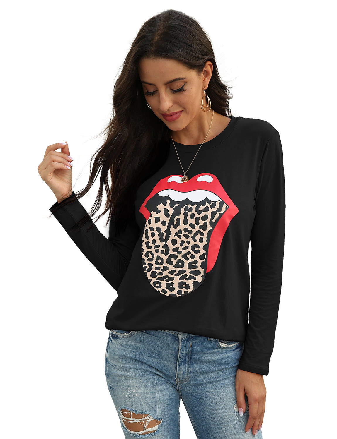 Womens Casual Loose Long Sleeve T Shirts Leopard Tongue Print Baggy Comfy Tunic Tops Blouses