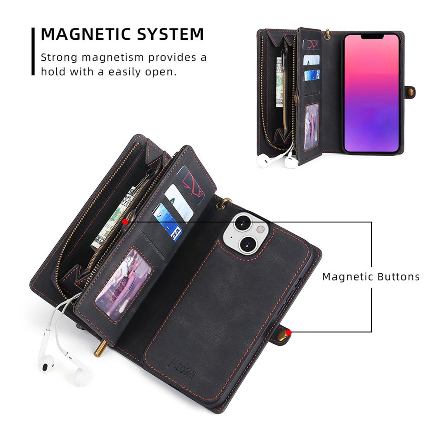 Defencase for iPhone 13 Mini Case for Women Men, Removable Durable PU Leather Magnetic Flip Strap Wristlet Zipper Purse Card Holder Detachable Wallet Phone Cases for iPhone 13 Mini, Black