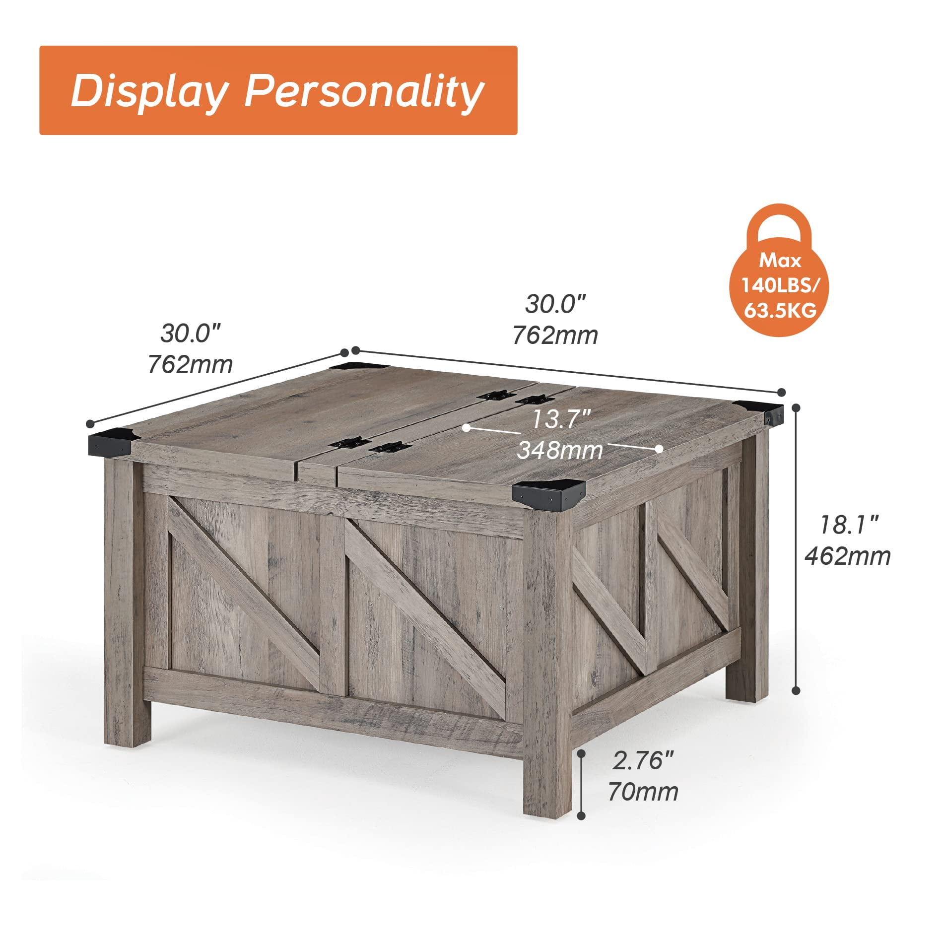 Square Coffee Table with Lift Top and Storage for Living Room, 30"x 30", Wash Grey