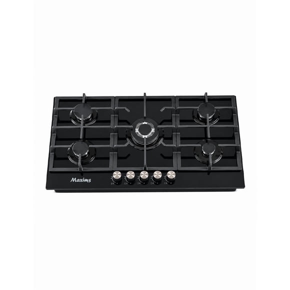 Parrilla de Gas Maxims Empotrable 5 Quemadores Rejilla Continua Cristal Negro 90cm 127V Encendido Eléctrico Gas LP y Natural