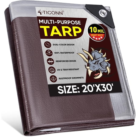 Heavy-Duty Waterproof Brown Tarp Cover &mdash; UV Resistant Tear-Resistant with Reinforced Grommets and Edges 20 ft x 30 ft 10 Mil