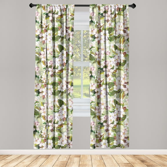 Cherry Blossom Window Curtains, Asian Springtime Flowers Boho Pattern with Leafy Atmosphere Print, Lightweight Decor 2-Panel Set with Rod Pocket, Pair of - 28"x63", Pale Pink Jade Green, by Ambesonne