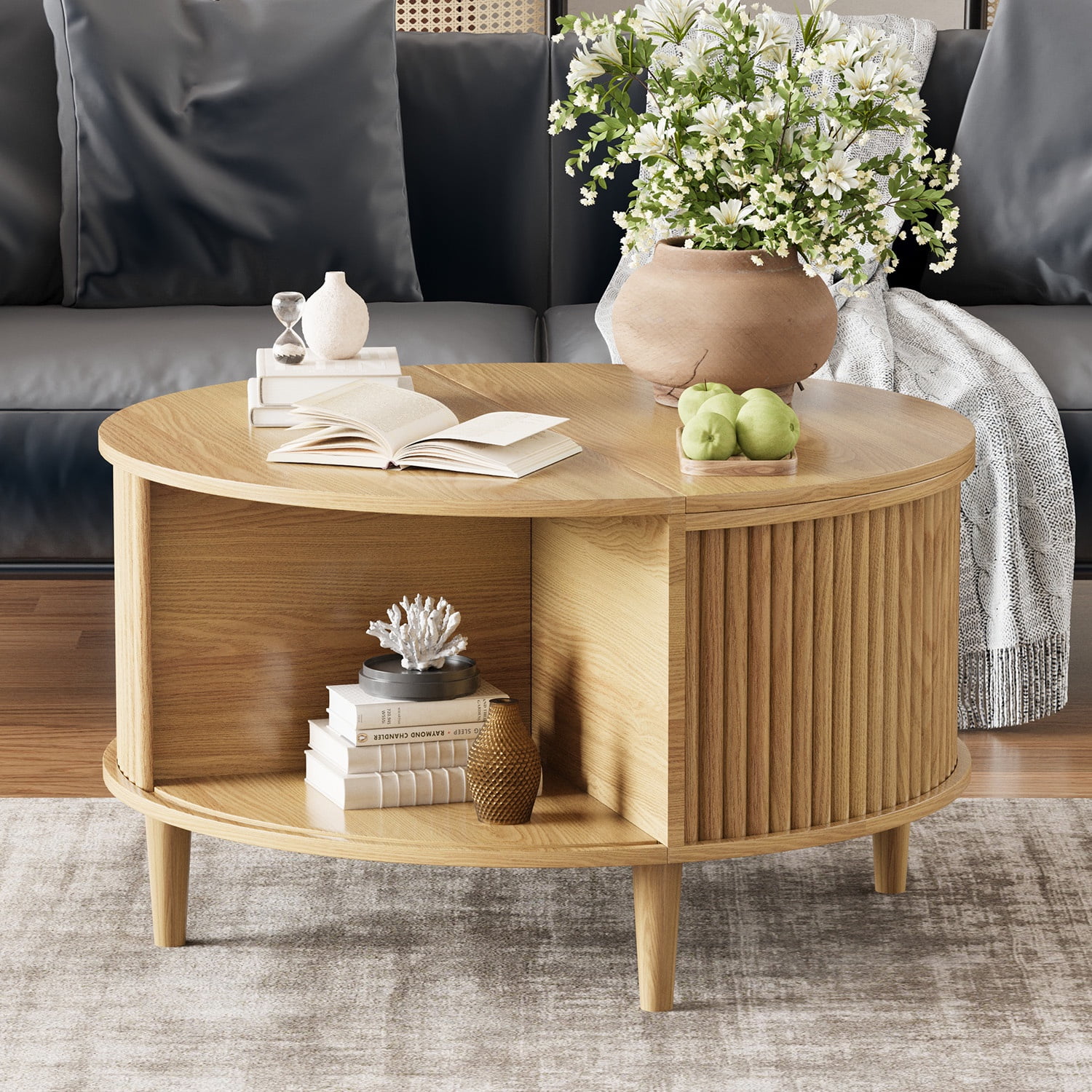 CDCASA Round Coffee Table with Storage, Fluted Lift Top Coffee Tables for Living Room, Mid Century Modern Round Center Table with Sliding Cabinet Door, Light Brown