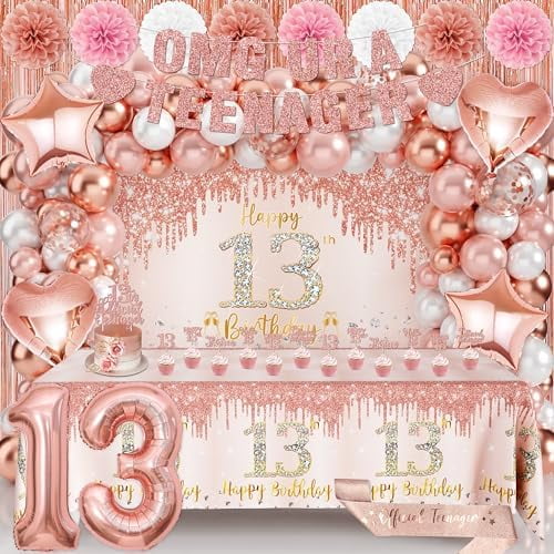 13th Birthday Decorations for Girls, Rose Gold 13 Year Old Girl Birthday Decorations Include Omg Ur A Teenager Banner Backdrop Tablecloth Balloons Cake Topper Sash for Official Teenager Decor