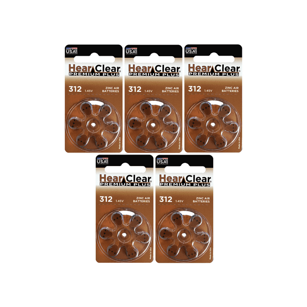 HearClear Size 312 Zinc Air 1.45V Hearing Aid Batteries Brown Tab (30