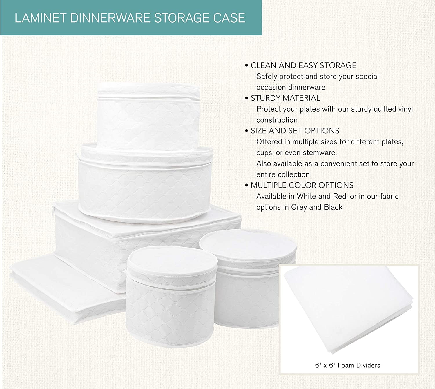 LAMINET 6 Piece Quilted Dinnerware Storage Starter Set - Includes 4 Plate Cases, 1 Cup Case & Platter Case - White 6400AC-FBM