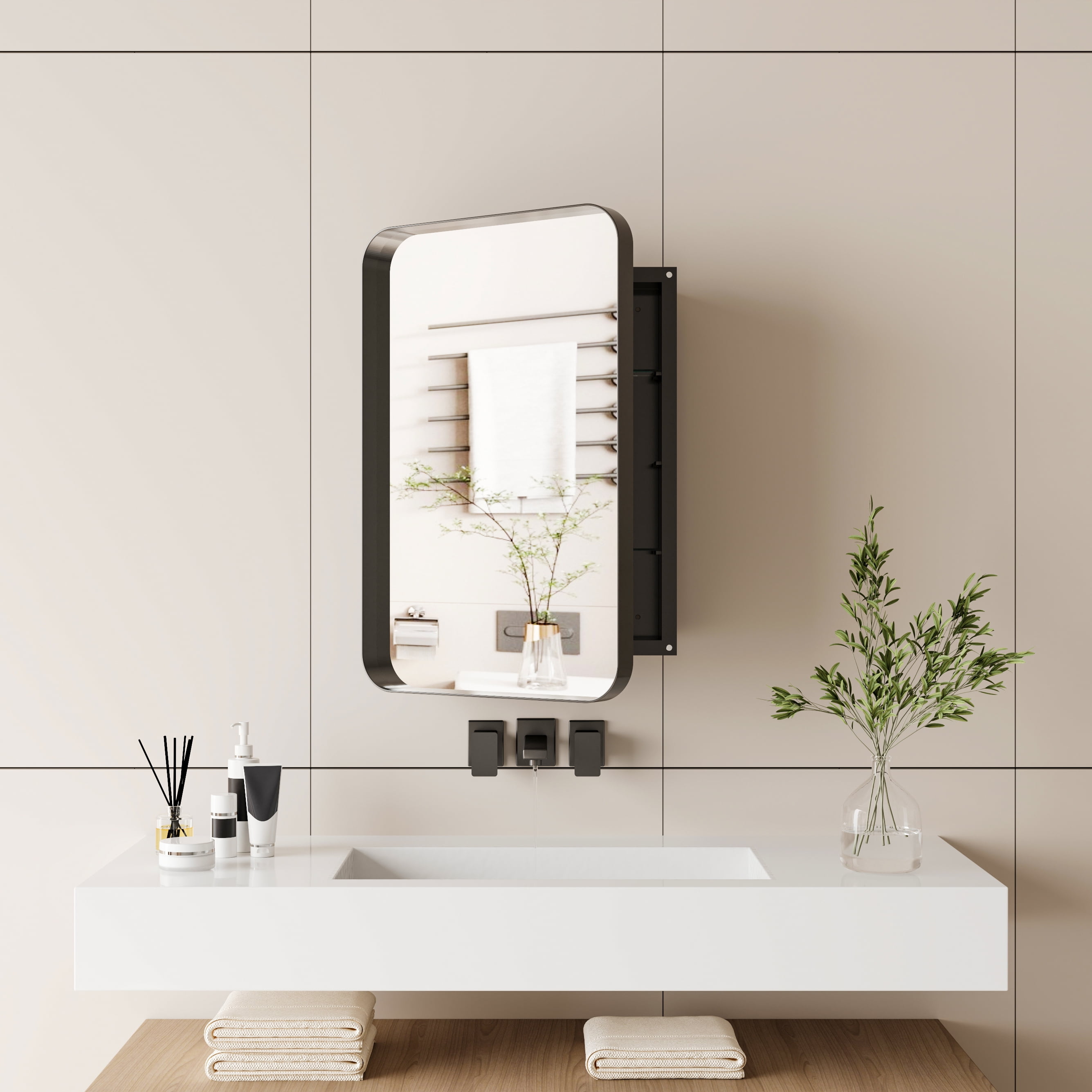 Matte Black Recessed Medicine Cabinet with Mirror, 16"X24" Metal Wall Mirror with Adjustable Shelves Five