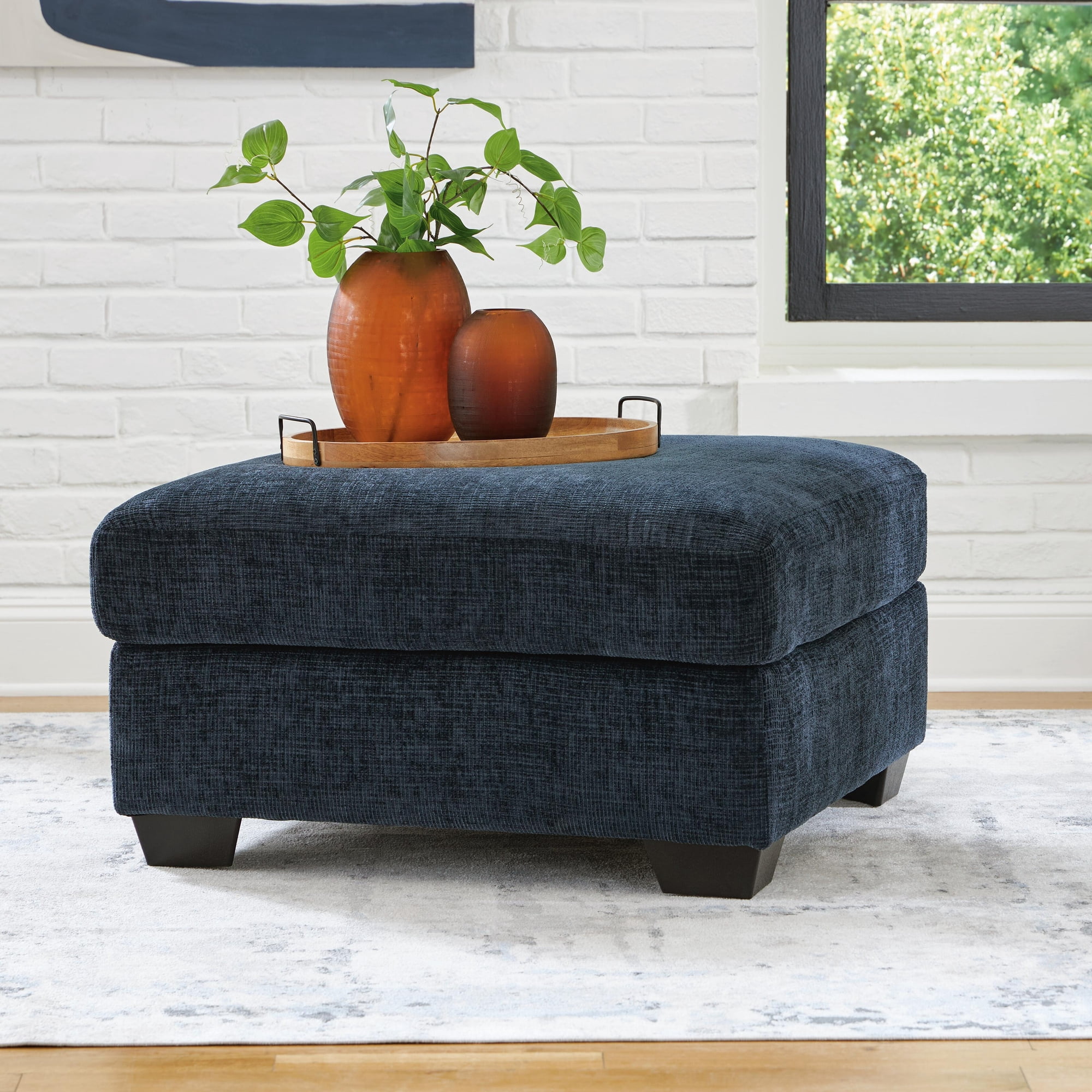 Signature Design by Ashley Aviemore Oversized Ink Blue Accent Ottoman - Large Square Ottoman with Firm Cushioning