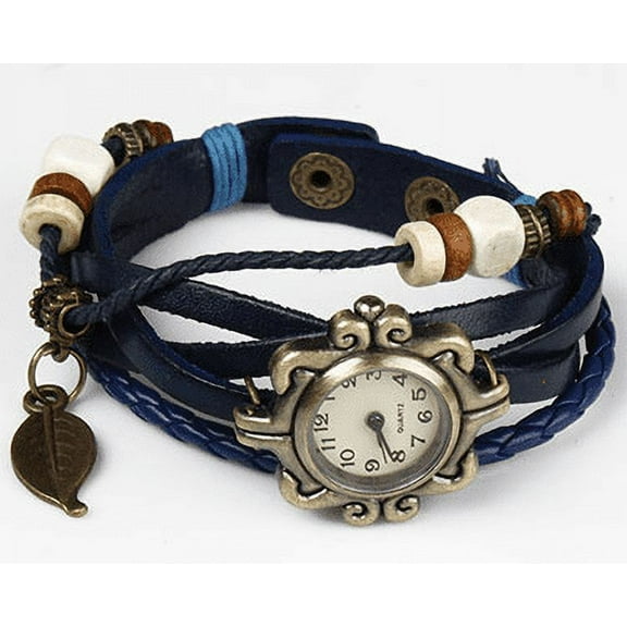 Beautiful Bohemian Style Retro Handmade Leather Tree Leaf Women's Watch (Blue)