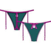 Necessary Objects Temptress Keyhole G-String Panty with Garters, Large, Blue/Pink