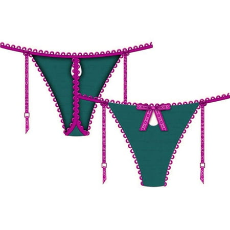 Necessary Objects Temptress Keyhole G-String Panty with Garters, Large, Blue/Pink