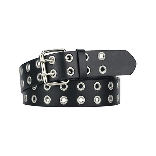 Cinturón de doble ojal Cinturón punk de cuero de pu para mujeres Hombres Jeans Cinturones de 2 agujeros 1.5 de ancho (negro) Feliz Sencillez