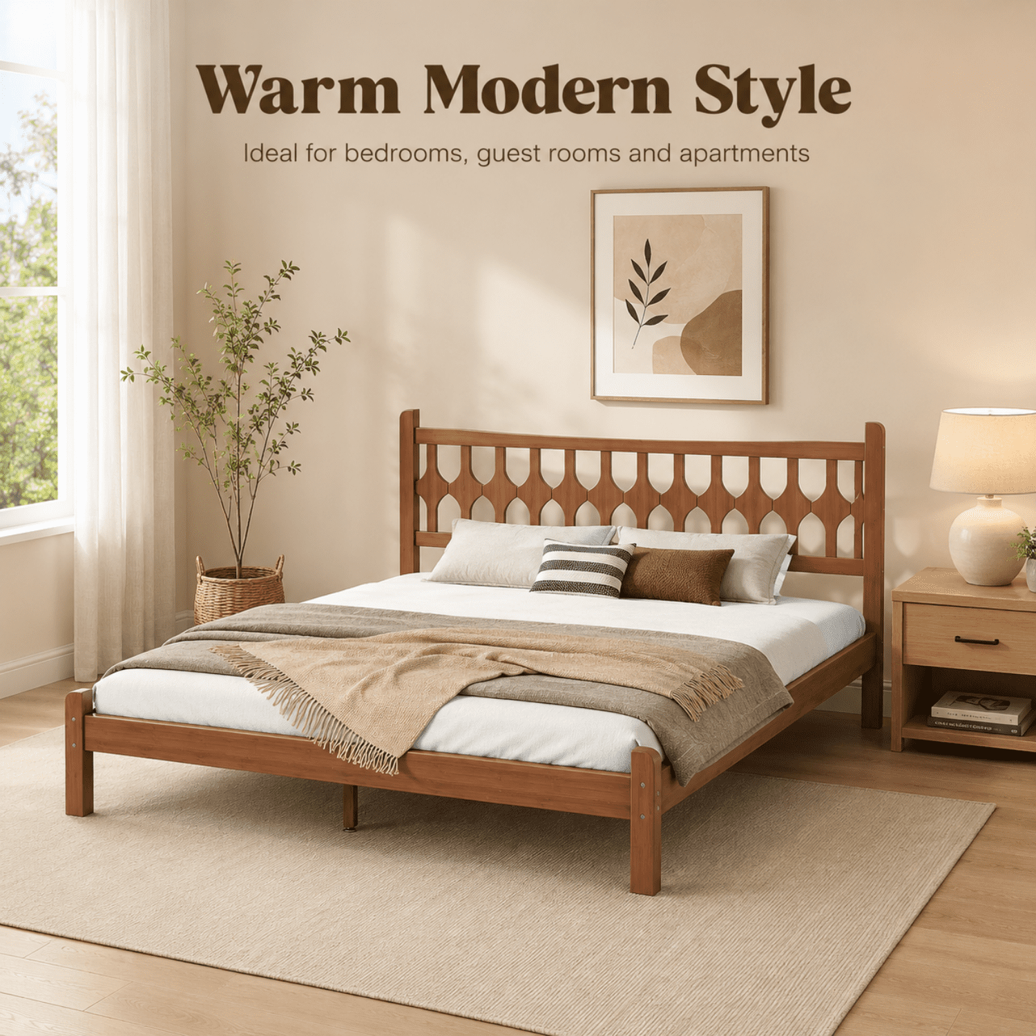 Miniyam King Size Bamboo Platform Bed Frame with Geometric Headboard, Brown