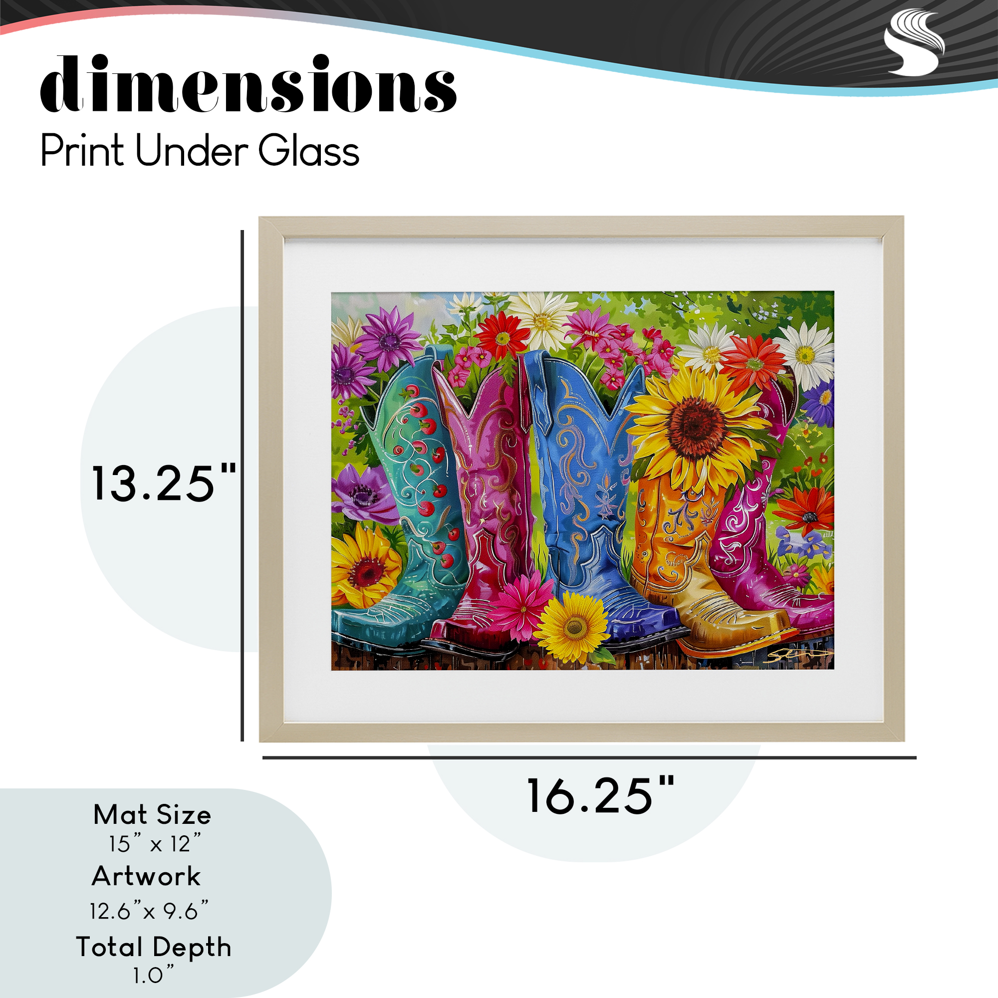 Cowboy Boots and Sunflowers Birch Framed Print Under Glass, design by Shawna Stewart