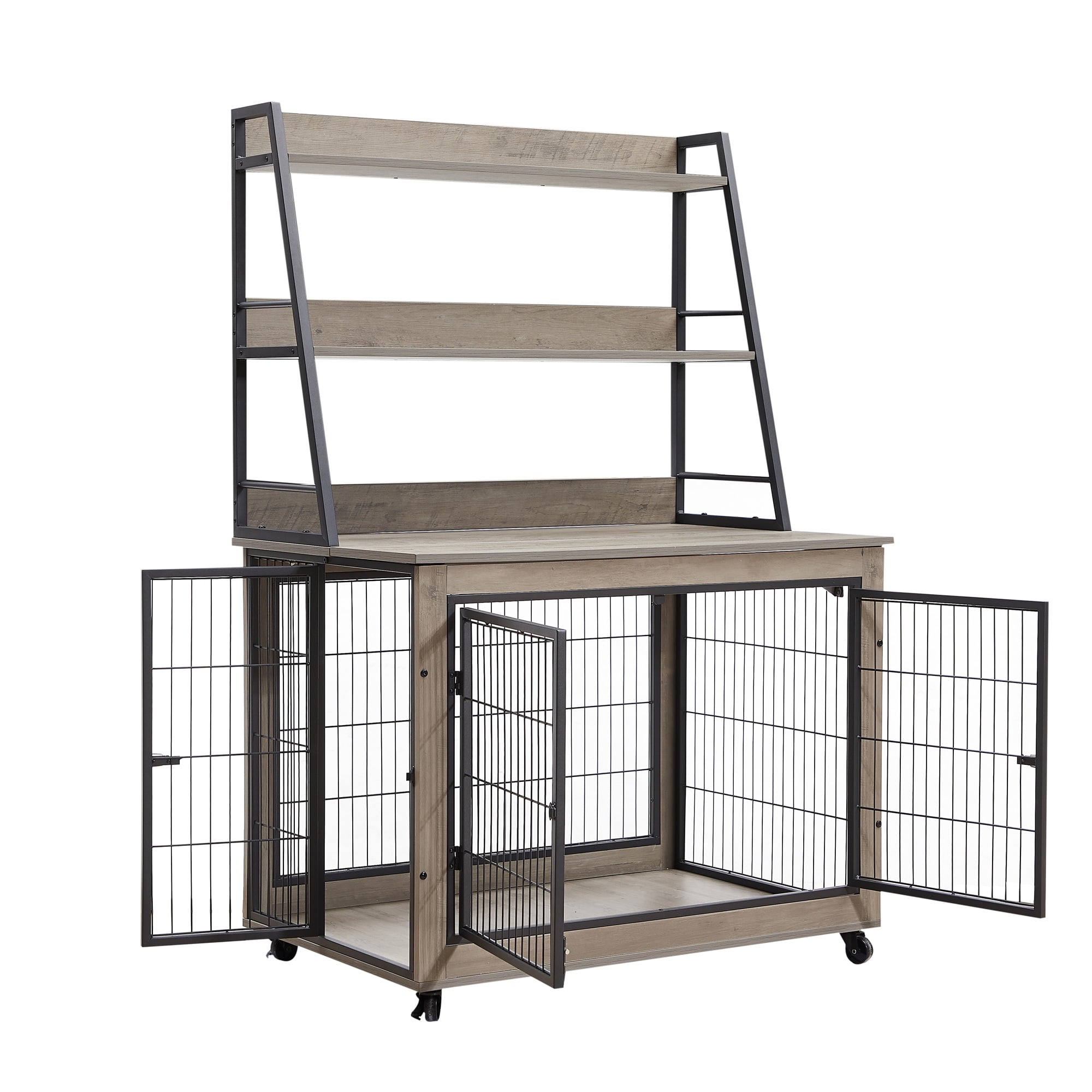 Pefilos 57" Wood Dog Crate Furniture with 3 Tier Shelves, kennel Equipped with Double Doors and A Raised Roof, Gray Pefilos 57" Wood Dog Crate Furniture with 3 Tier Shelves, kennel Equipped with Double Doors and A Raised Roof, Gray