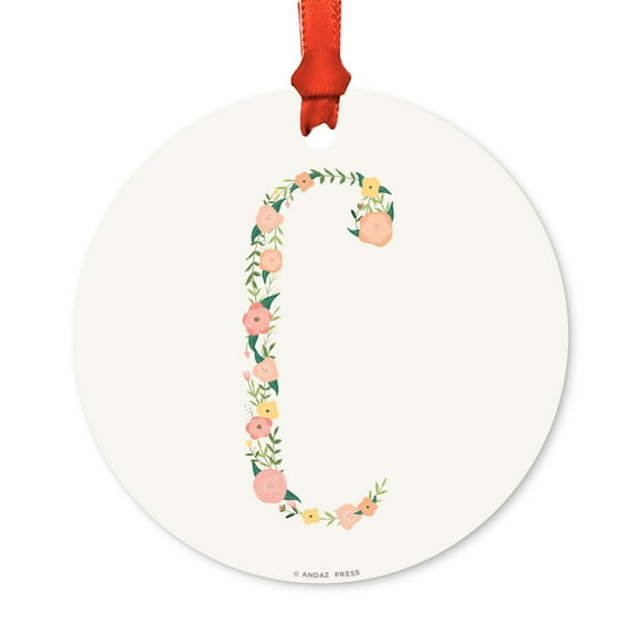 Floral Family Monogram Metal Christmas Ornament, Coral Peach Floral Roses, Letter C, Includes Ribbon and Gift Bag