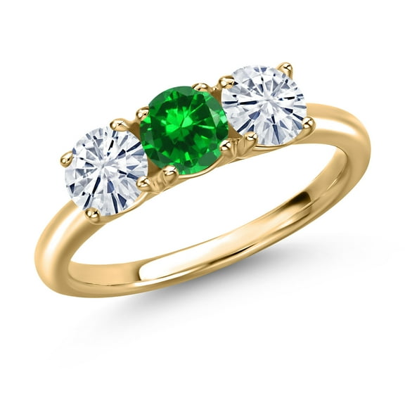 Gem Stone King 10K Yellow Gold Green Created Emerald and White Moissanite Engagement Ring for Women | 1.84 Cttw | Round 5MM | Gemstone May Birthstone | Size 5