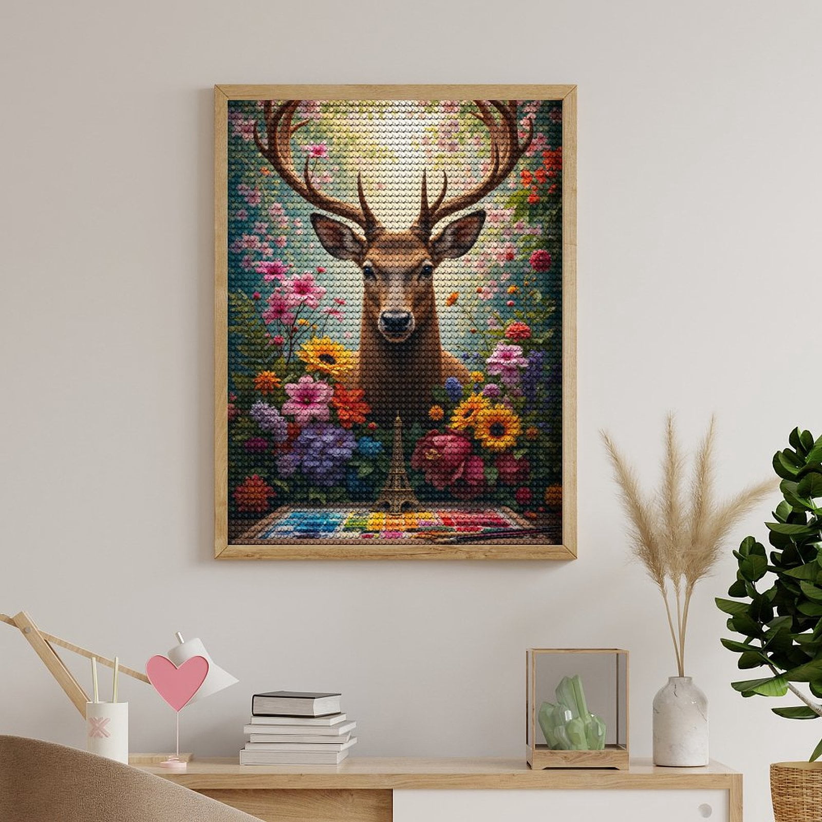 Diamond Art Kits for Adults, Deer Floral Art Watercolor Palette Eiffel Tower 5D Diamond Painting Kits for Adults Beginners, DIY Full Drill Diamond Painting, Gem Art and Crafts 12x16