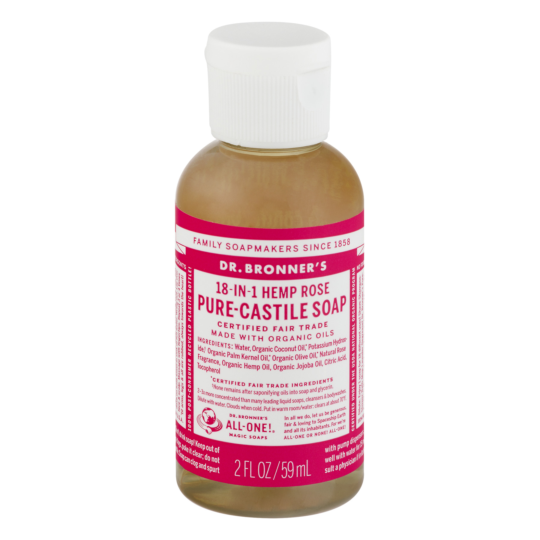 Dr. Bronner's 18-In-1 Hemp Pure-Castile Soap Rose, 2.0 FL OZ - Walmart