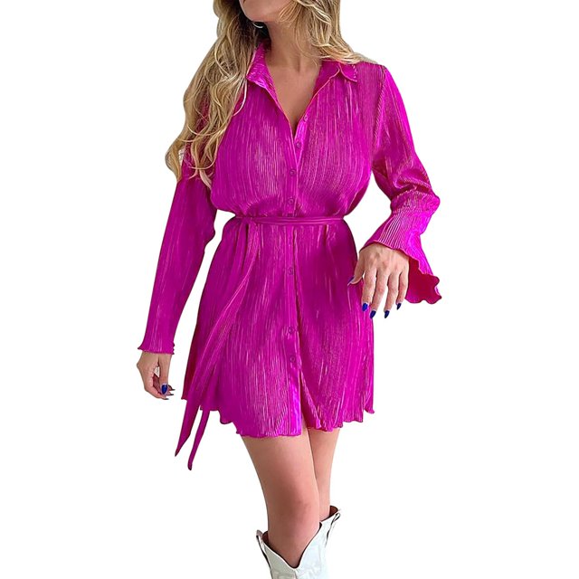 Gibobby Vestido de manga larga 2023 otoño nuevo temperamento viajero estampado de flores con cordones solapa cárdigan vestido de manga larga para mujeres(Rosa caliente,M)