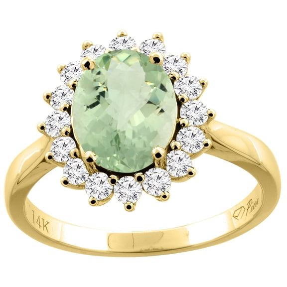 14K Yellow Gold Natural Green Amethyst Ring Oval 9x7 mm Diamond Accents, size 5