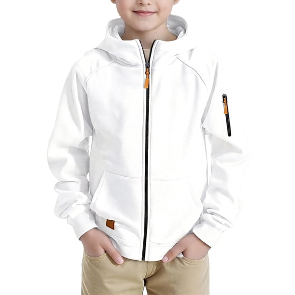 Lenpel Boys' Zip up Hoodies Casual Long Sleeve Hooded Sweatshirts Fleece Outwear Jackets with Pockets for Kids(White,14-15 Years)