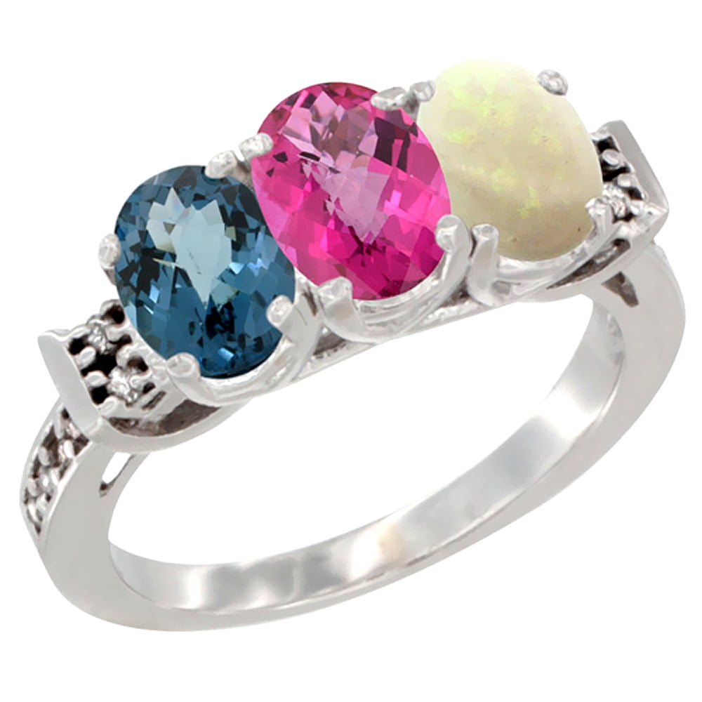 10K White Gold Natural London Blue Topaz, Pink Topaz & Opal Ring 3-Stone Oval 7x5 mm Diamond Accent, sizes 5 10 by WorldJewels