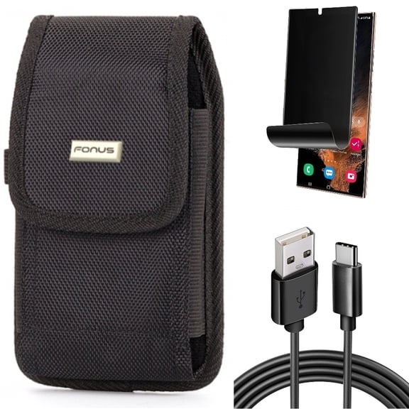 6ft USB Cable & Privacy Screen Protector & Case Belt Clip for Samsung Galaxy S22 Ultra (6.8") - Combo Type-C Charger Cord Power & TPU Film (Fingerprint) Anti-Peep & Swivel Holster Rugged