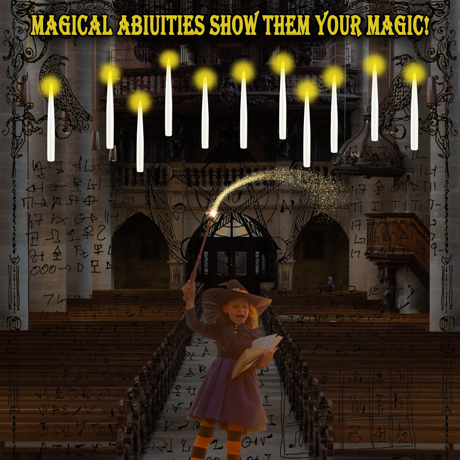 Magic Wand Remote Timer-Controlled Floating Candles Set 12pcs - Flameless, Color-Changing LED Candles with Plastic Taper Design for Magical Proposals, Birthdays, and Halloween Parties