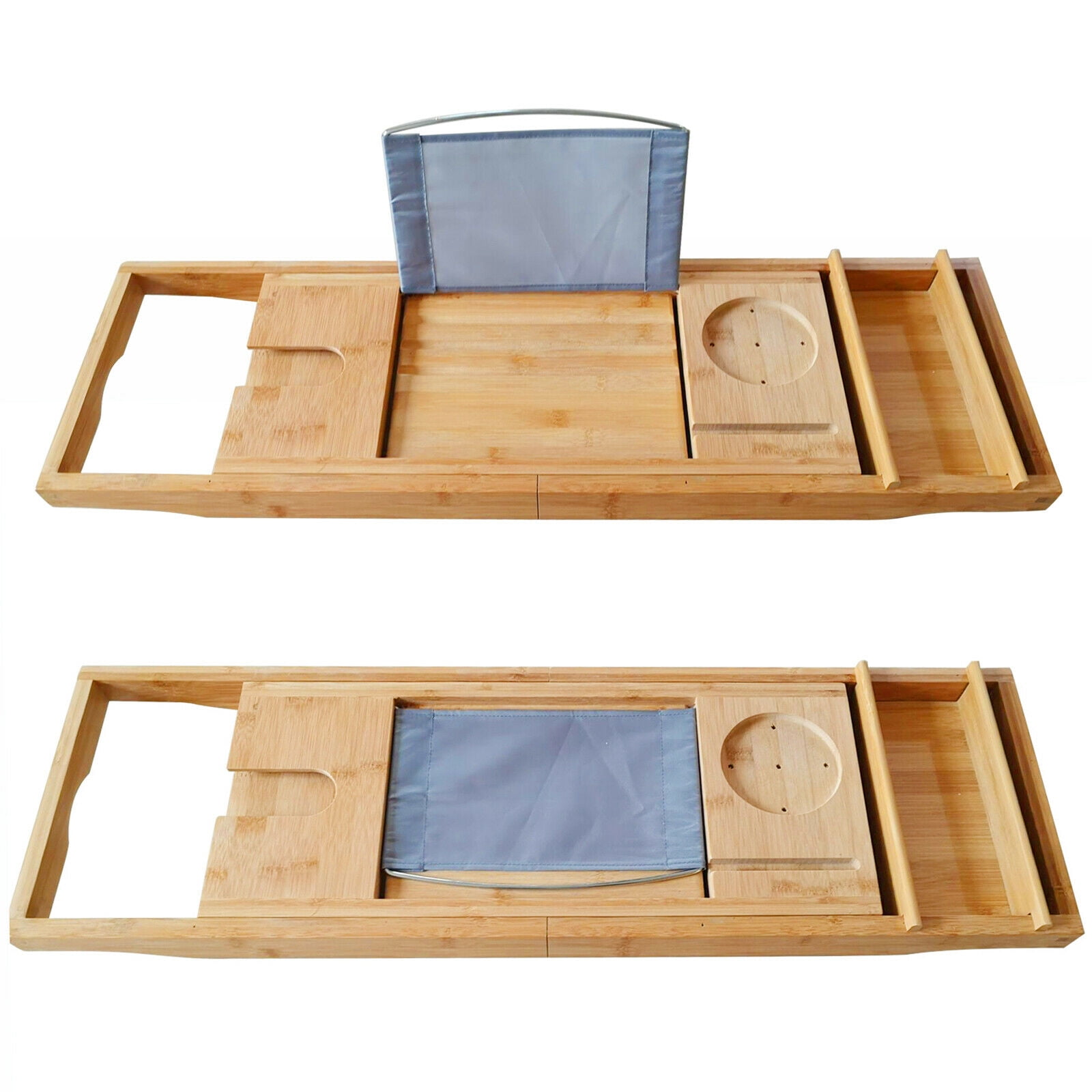 Futchoy Bamboo Bathtub Tray Caddy Non Slip Strechable Expendable Bath Tray for Tub with Book Wine Pad Tablet Holder Bathroom Reading Organizer Tray Soap Organizer Rack Shelf