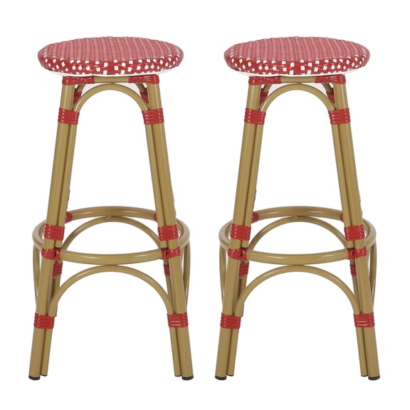 Outdoor Barstool Set of 2, Red and White Wicker Seat, Brown Aluminum