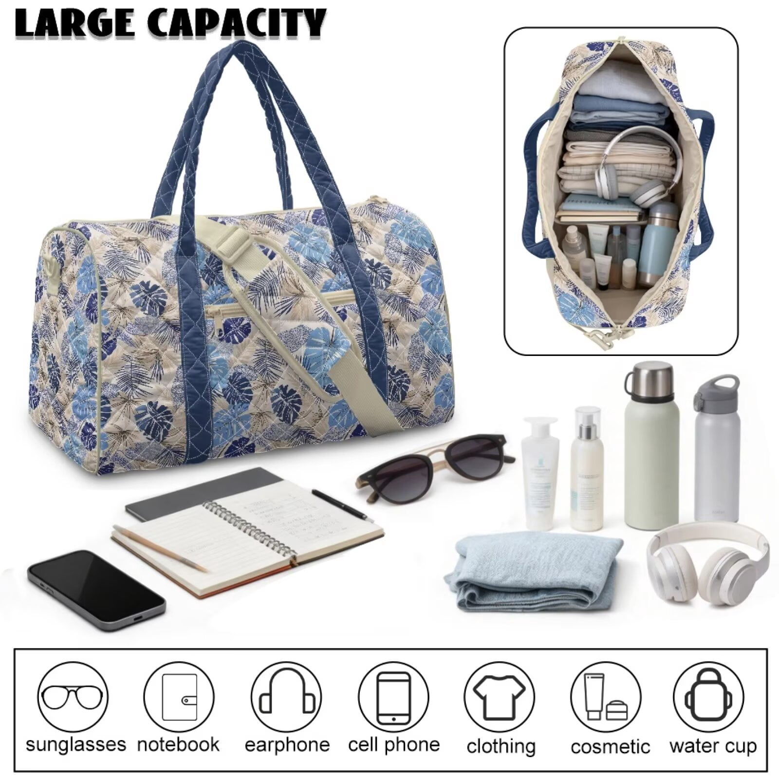 Chririnla Blue Leaf Tropical Pattern Lightweight Fitness Bag for Women with Smooth Zipper & Luggage Handle Strap Large Capacity Athletic Duffle Fits Gym