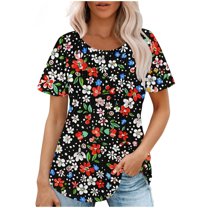 Loose Shirt for Women Floral Tunic Tshirt Short Sleeve Pullover Top Crewneck Fashion Outfits 2025