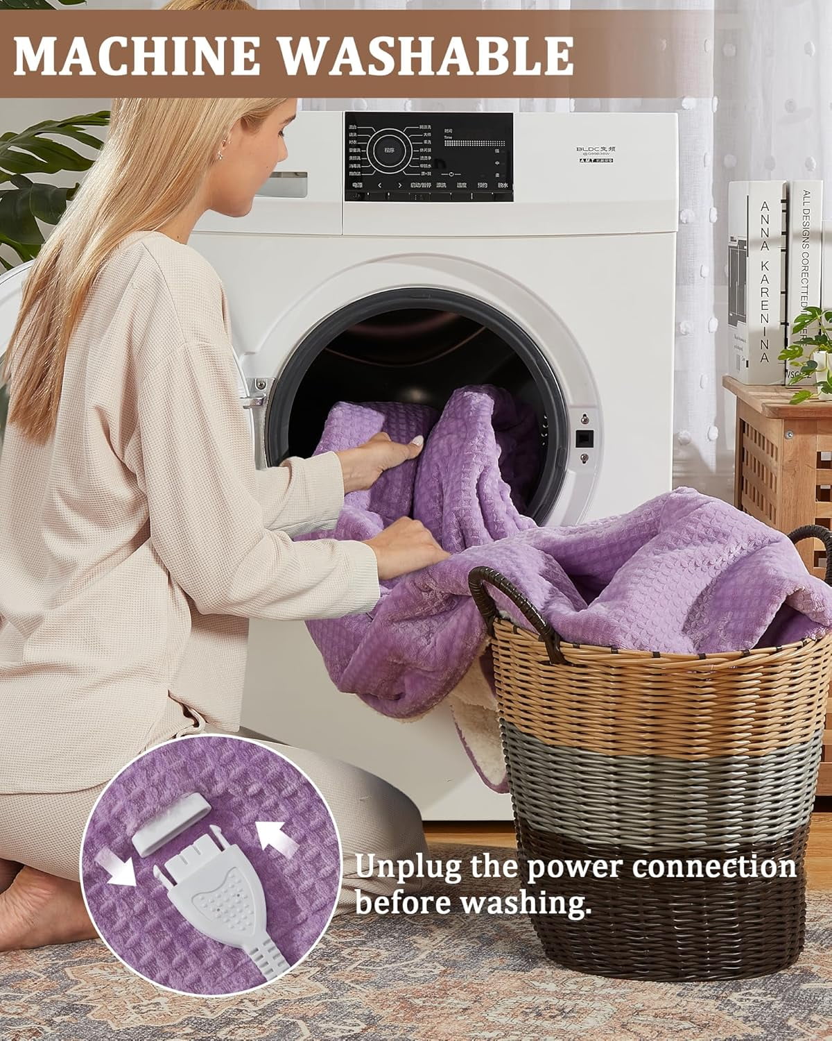 GARVEE Electric Blanket Queen Size with Dual Control,90"x84" Soft Flannel Waffle Heated Blankets,4 Heating Levels & 10 Hours Auto Off,Purple