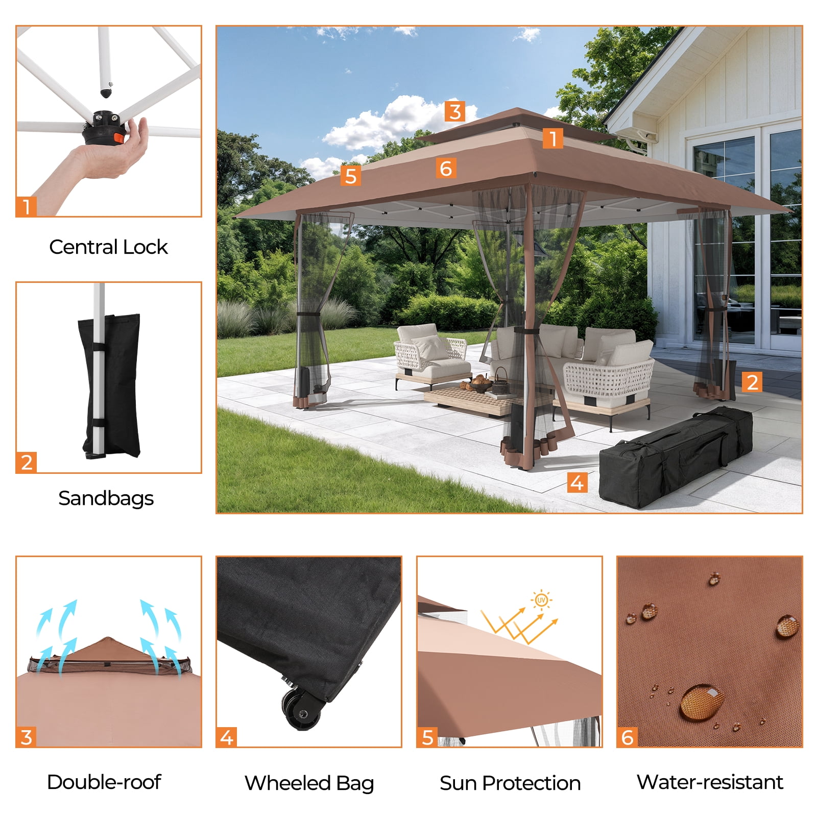 Vitarpatio 11x11 Pop Up Gazebo with Mosquito Netting, Steel Frame Pop-Up Canopy Tent Gazebos Portable Outdoor Gazebo with 2 Tier Roof, 3 Adjustable Height, Carry Bag and 4 Sandbags, Brown